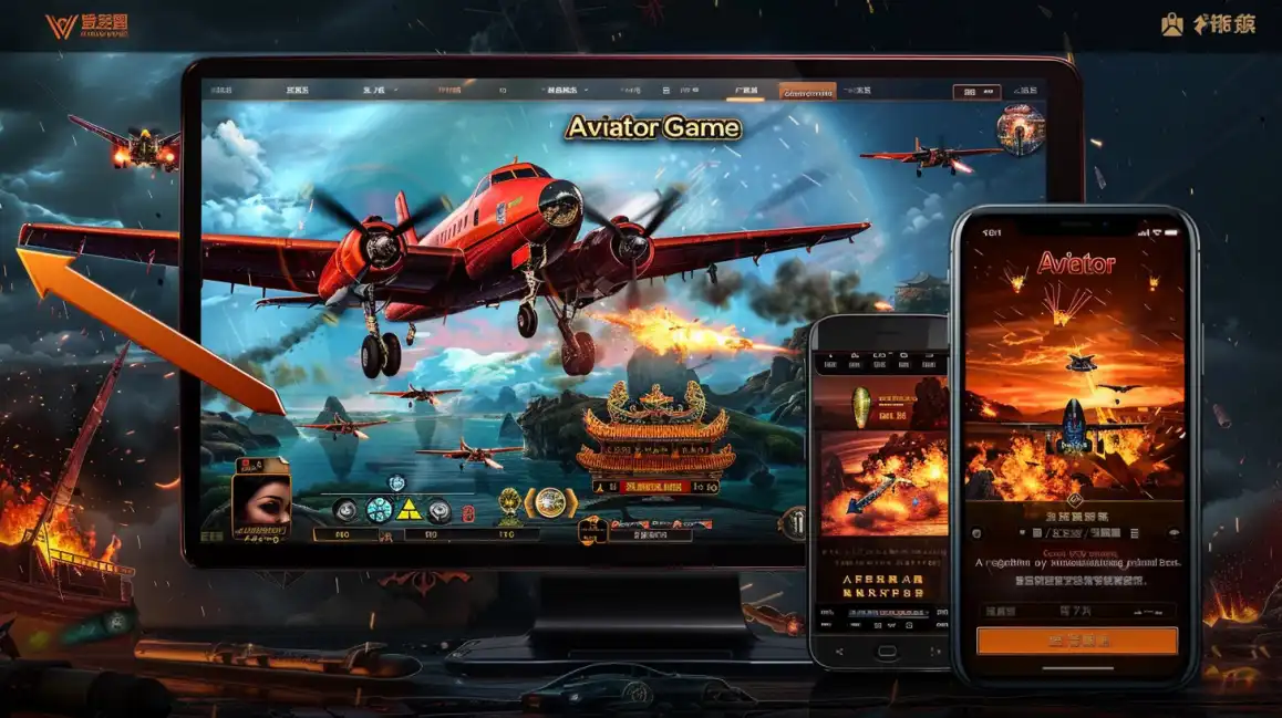 The kkbd Aviator crash game is displayed on a desktop monitor and two mobile phones, showing its cross-platform compatibility and exciting airplane-themed gameplay.