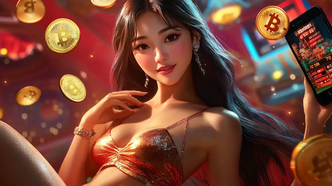An elegant woman in a sparkling top smiles while holding a phone with the kkbd app, surrounded by floating Bitcoin coins in a modern crypto casino environment.
