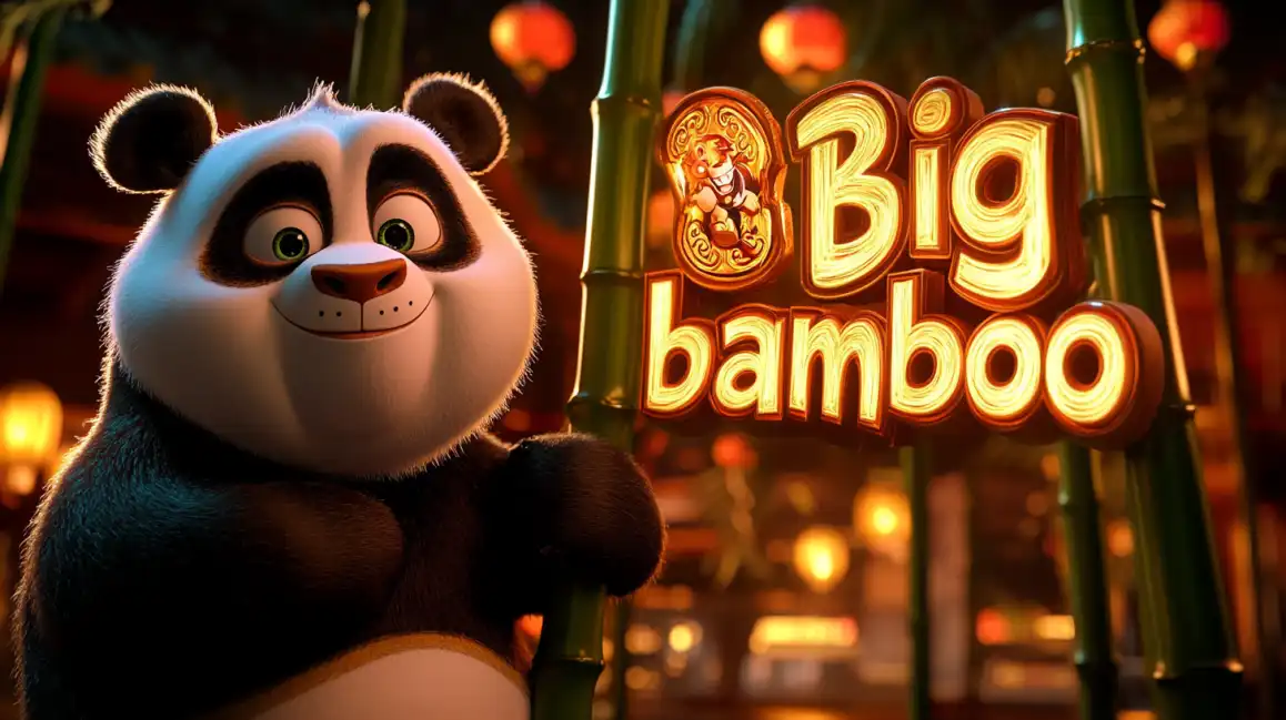 A friendly, smiling 3D animated panda peeks from behind bamboo stalks next to the glowing Big Bamboo game logo, available to play at the kkbd online casino.